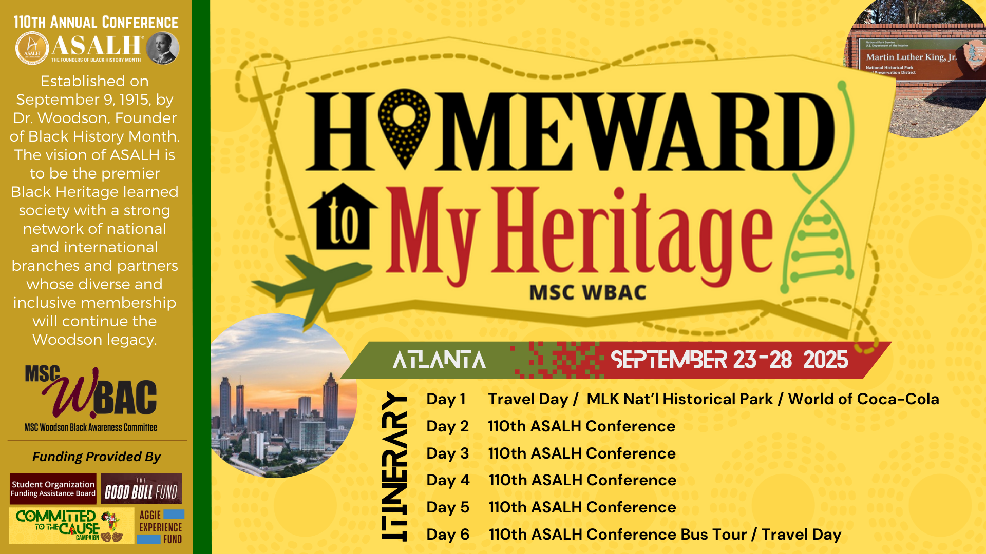 ASALH logo Atlanta skyline MLK National Park Trip Schedule